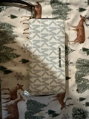 Michael Kors Cream and Gray Monogram Zip Wristlet